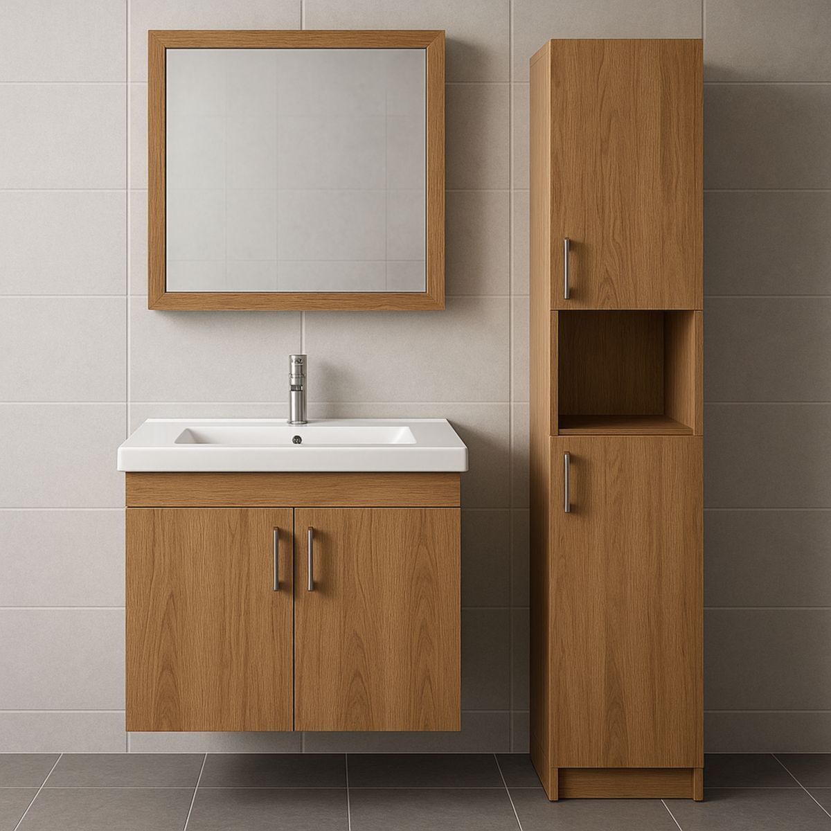 Ensemble de meubles de salle de bains en bois avec miroir et armoire marron clair