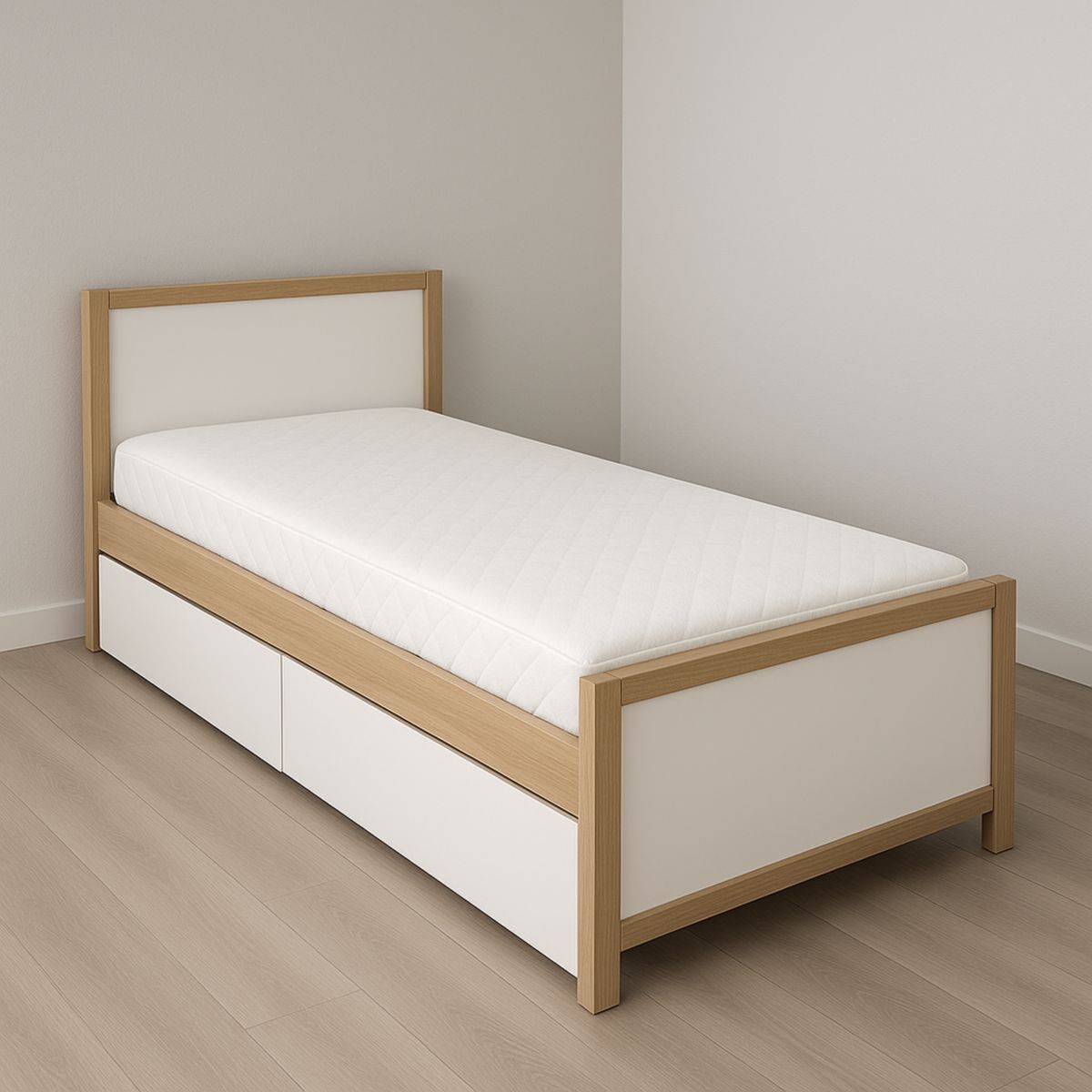 Lit simple avec rangement en chêne clair et MDF blanc 200x90 cm