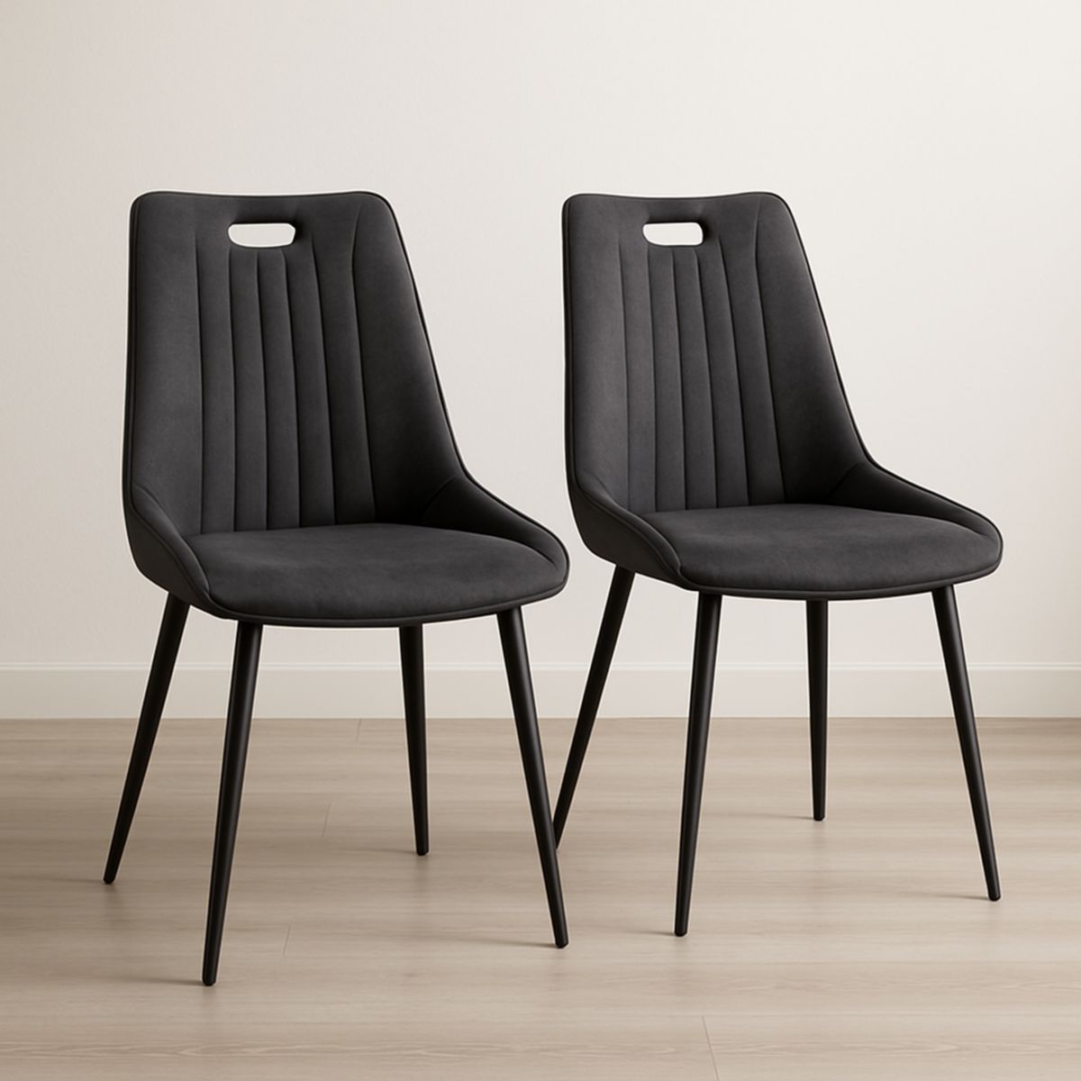 Lot de 2 chaises de salle à manger en velours gris foncé avec pieds en métal noir