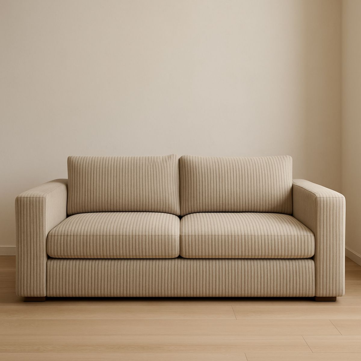 Canapé trois places en tissu beige à rayures 200cm x 90cm x 80cm