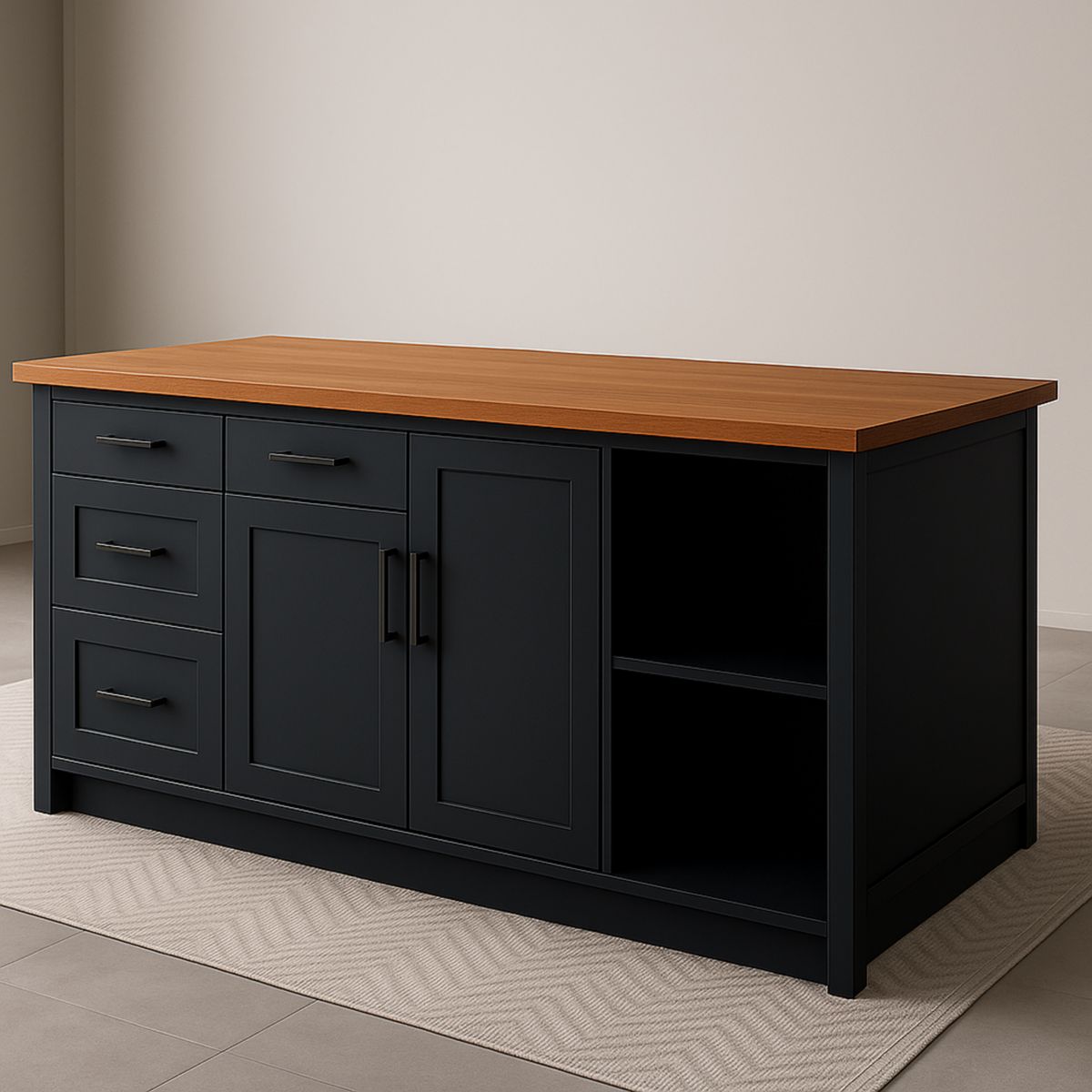 Îlot de Cuisine en Bois MDF Noir avec Plateau en Chêne 180x90x92 cm