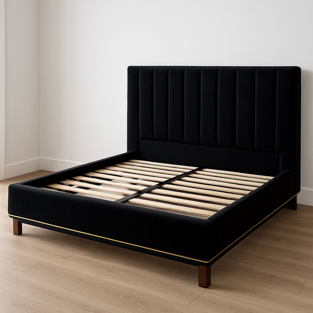 Lit double avec tête de lit rembourrée en velours noir structure en bois 200x160 cm