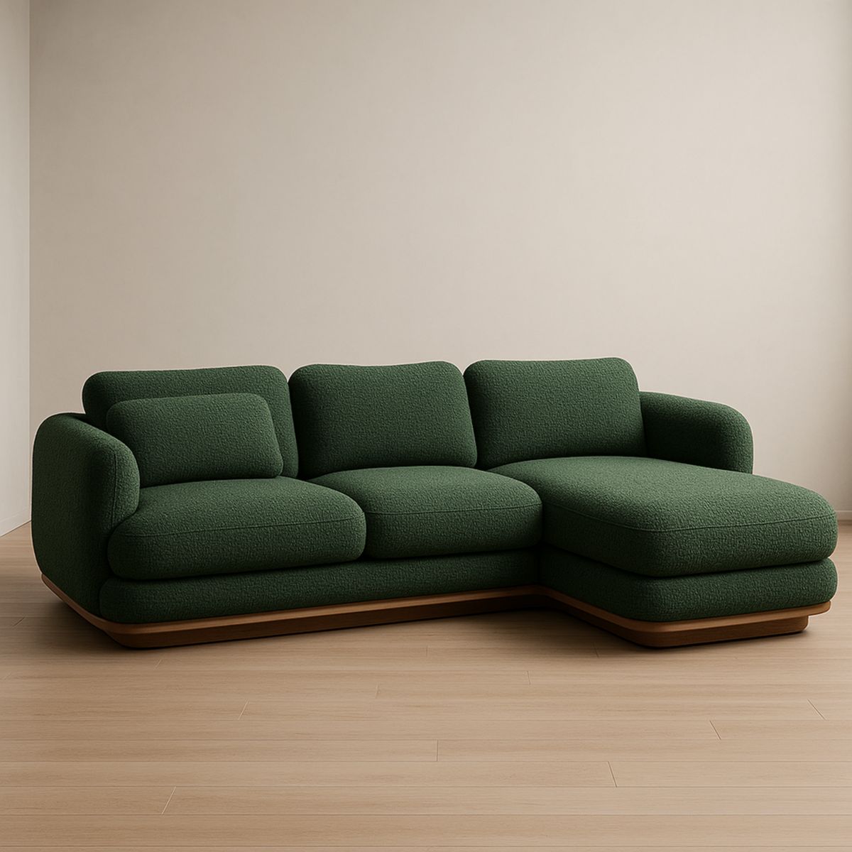 Canapé d'angle tissu vert foncé avec base en bois massif 300cm