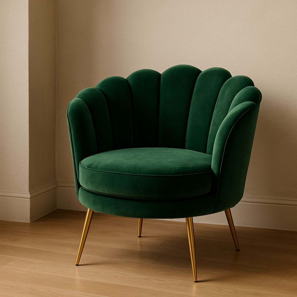 Fauteuil coquillage en velours vert pieds métalliques dorés dimensions 75x80x85 cm