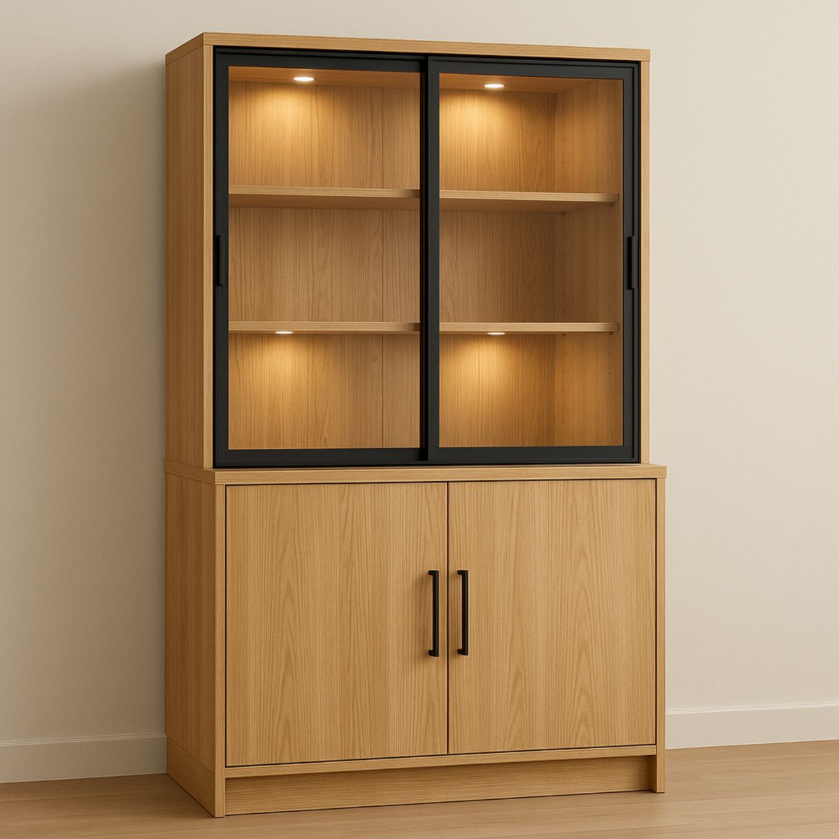 Vitrine en bois avec portes vitrées et étagères éclairées 200cm