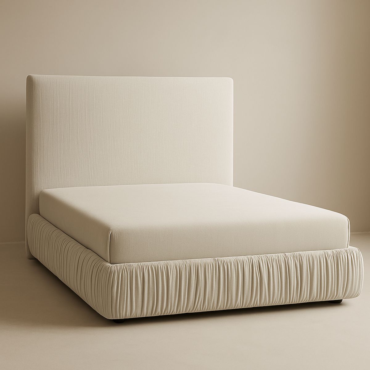 Lit Double Tapissé en Tissu Beige avec Tête de Lit Remplie de Mousse 200x160 cm