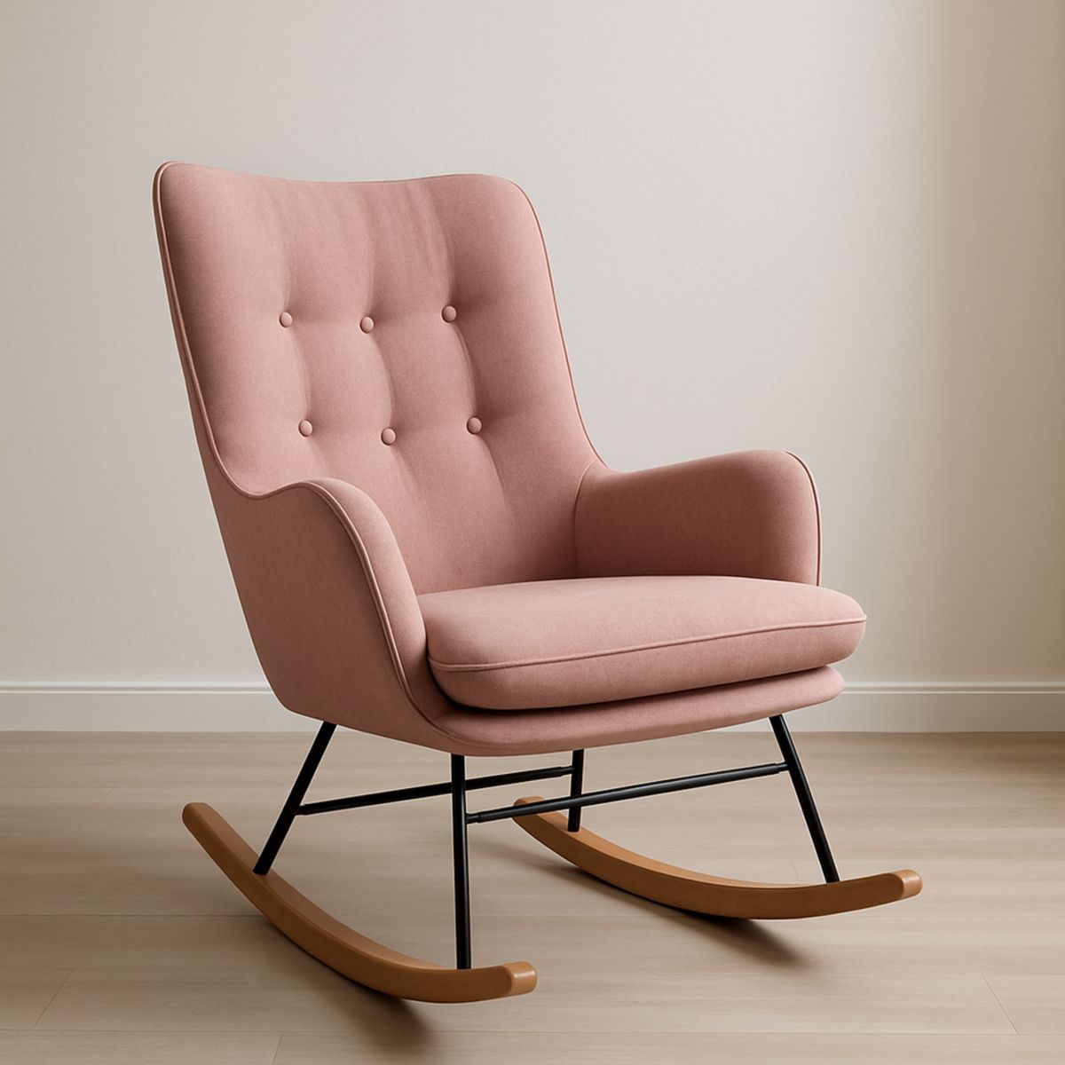 Fauteuil à bascule en tissu polyester rose avec cadre métal et pieds bois 85 cm x 70 cm x 90 cm