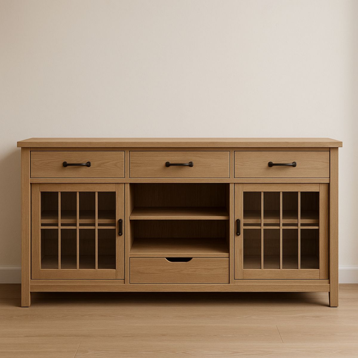 Buffet en Chêne Massif avec Portes en Verre Trempé et Tiroirs 145x45x85 cm