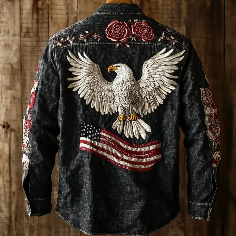 US 250th Anniversary Flag Eagle Print Long Sleeve Shirt