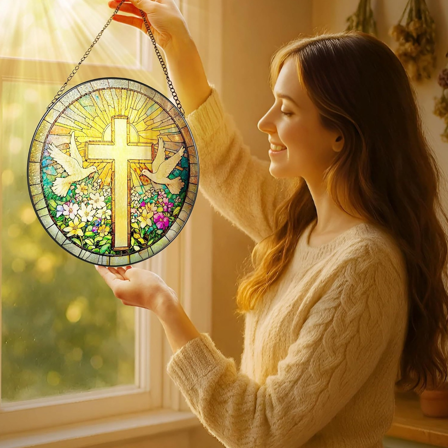 🔥Last Day 49% OFF - ✝️Stained Glass Cross and Wildflowers Suncatcher 