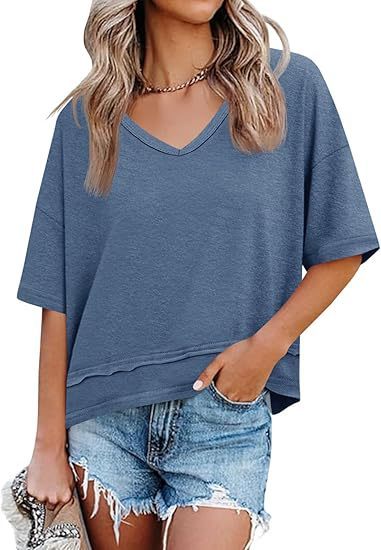 Women's V-neck Mid-length Sleeve Spliced Hem Basic Top 