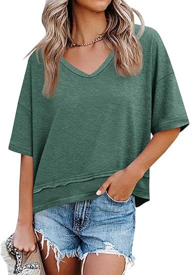 Women's V-neck Mid-length Sleeve Spliced Hem Basic Top 