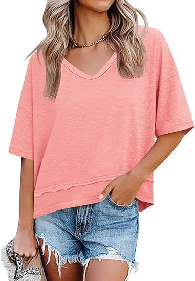 Women's V-neck Mid-length Sleeve Spliced Hem Basic Top 
