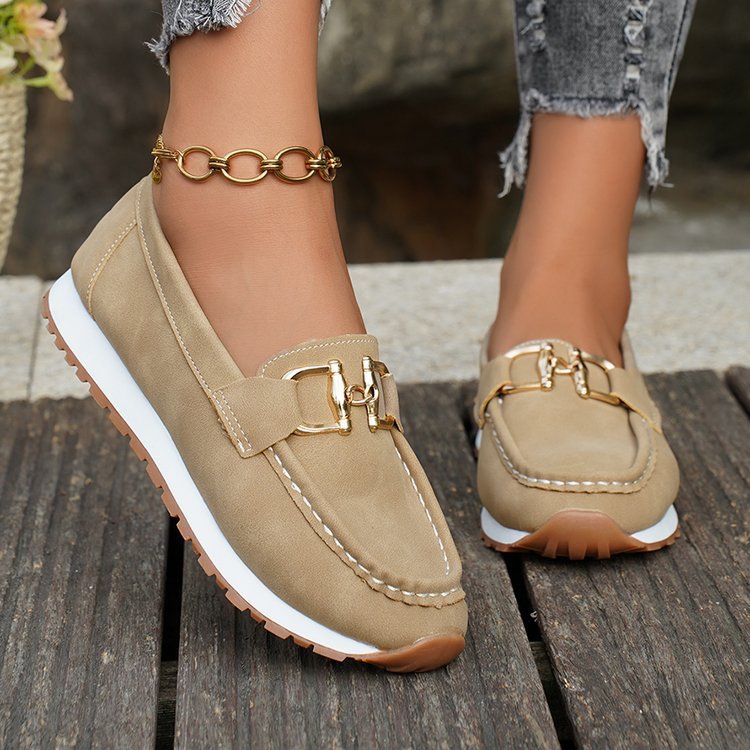 Women's Loafers with Gold Buckle – Casual Slip-On Flat Shoes for Garden Walks