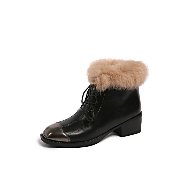 Faux Fur-Lined Lace-Up Ankle Boots: Retro Metallic Toe for Winter Chic