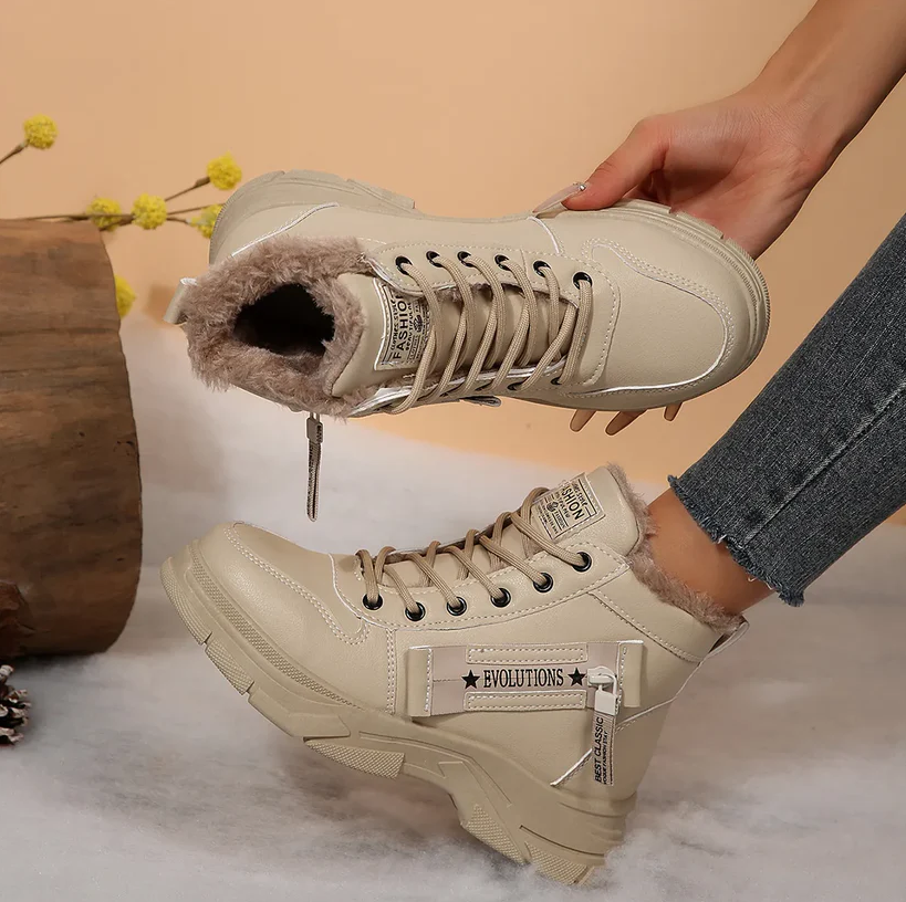 Women's Chunky White Sneakers – Winter Boots with Waterproof Artificial Leather and Fleece Lining