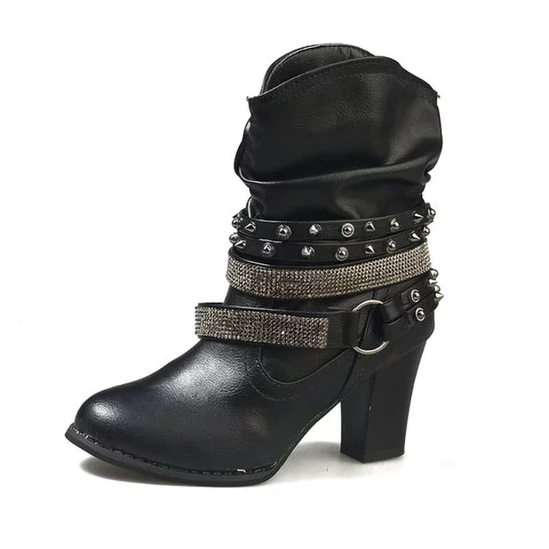 2025 Winter Women's Vintage Thick Heel Ankle Boots – Punk Style with Rivet & Rhinestone
