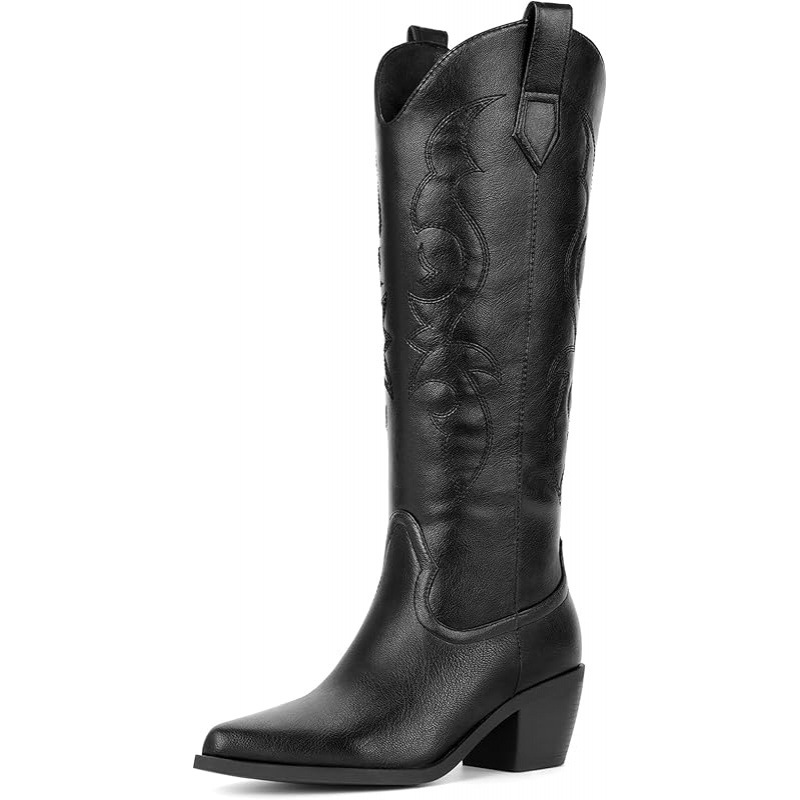 Knee High Cowboy Cowgirl Boots for Women, with Unique Embroidery, Side Zipper and Chunky Heel Design 