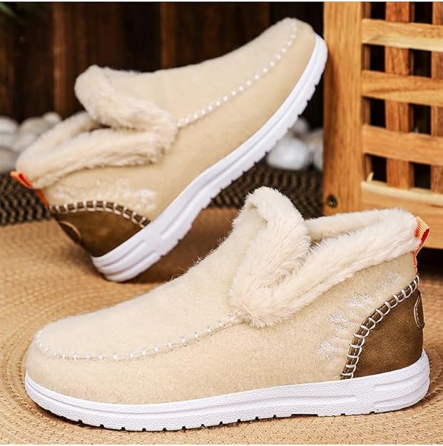 Women's Winter Plush Lined Flat Snow Boots Comfy Orthopedic Arch Support Outdoor Walking Loafer Non-Slip Ankle Short Booties