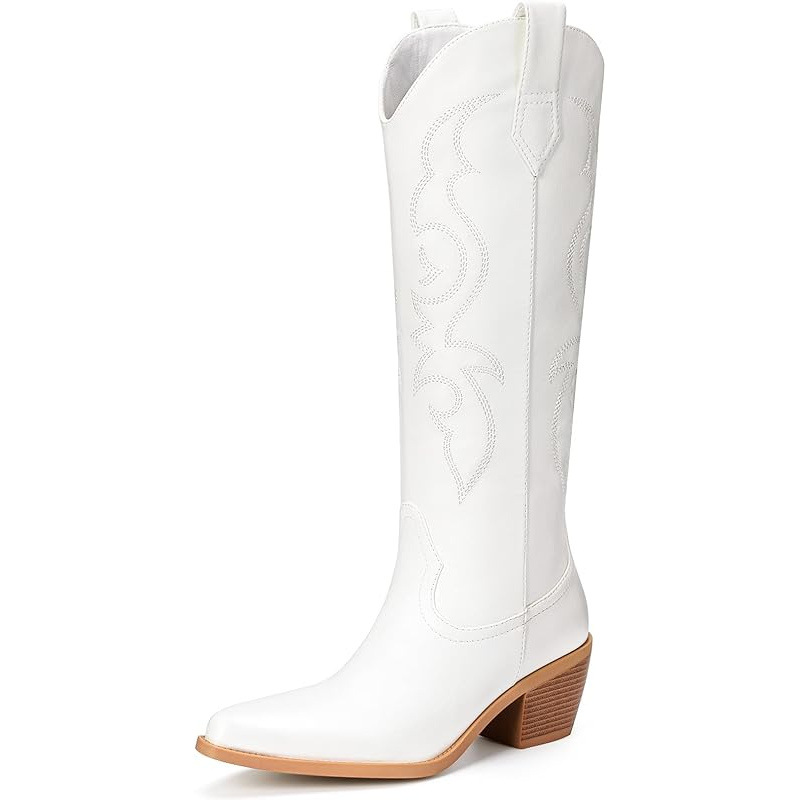 Knee High Cowboy Cowgirl Boots for Women, with Unique Embroidery, Side Zipper and Chunky Heel Design 