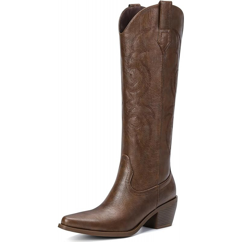 Knee High Cowboy Cowgirl Boots for Women, with Unique Embroidery, Side Zipper and Chunky Heel Design 