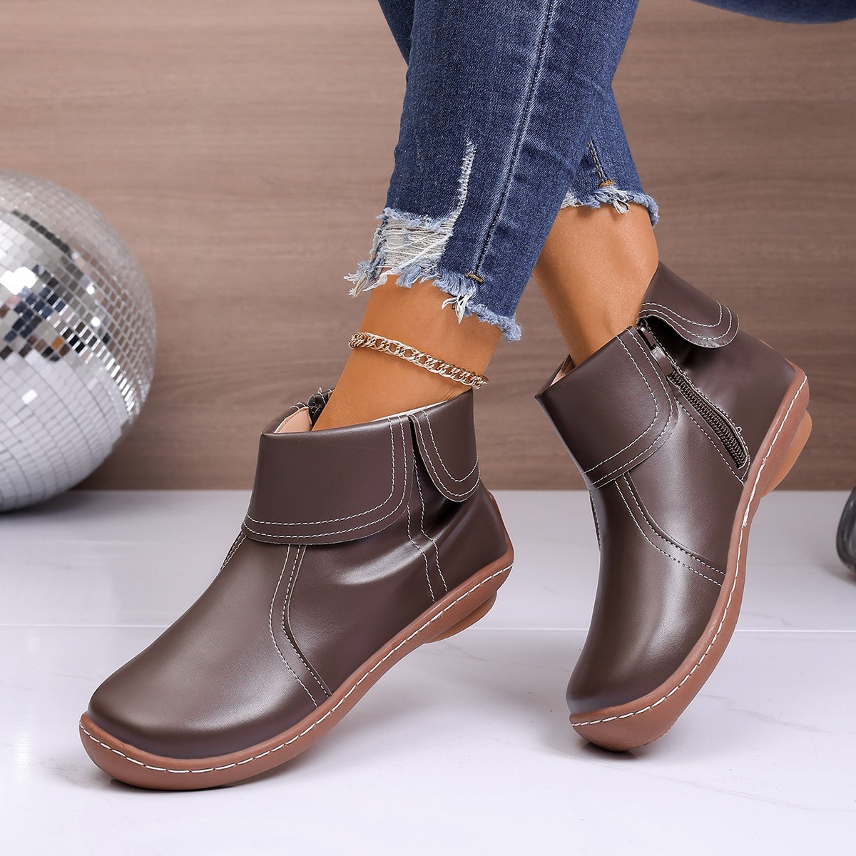 Retro Women Walking Arch Support Boots Faux Leather Zip Flat Ankle Booties Shoes