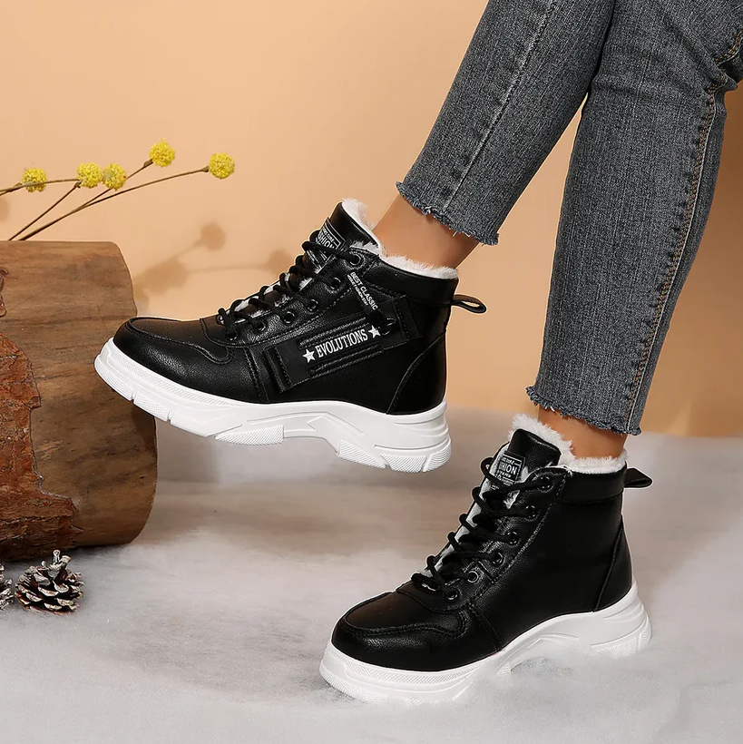 Women's Chunky White Sneakers – Winter Boots with Waterproof Artificial Leather and Fleece Lining