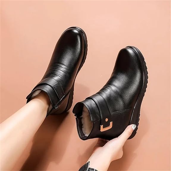 Black Booties for Women Low Heel Chelsea Leather Boots Winter Casual Fashion Ankle Boots with Zipper Buckle Short Booties Comfort Round Toe Western Cowboy Boots