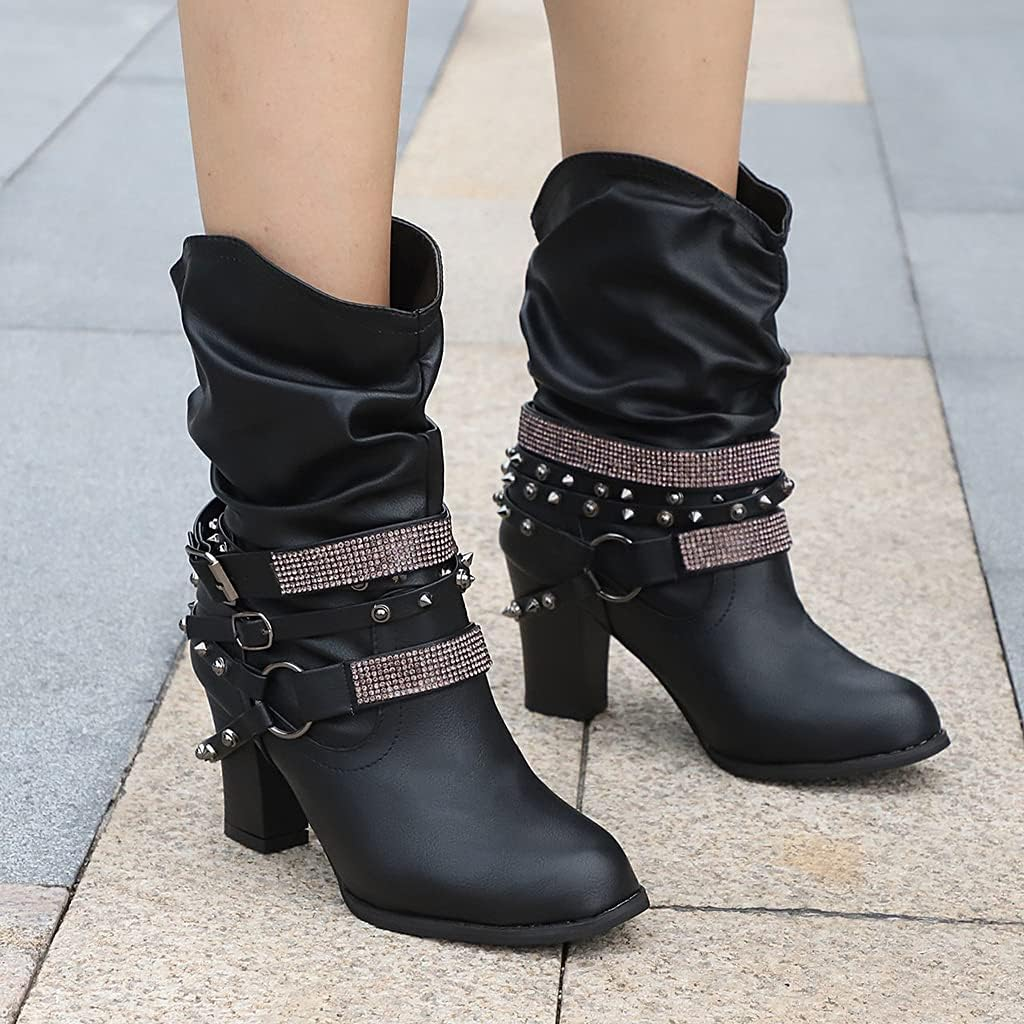 2025 Winter Women's Vintage Thick Heel Ankle Boots – Punk Style with Rivet & Rhinestone