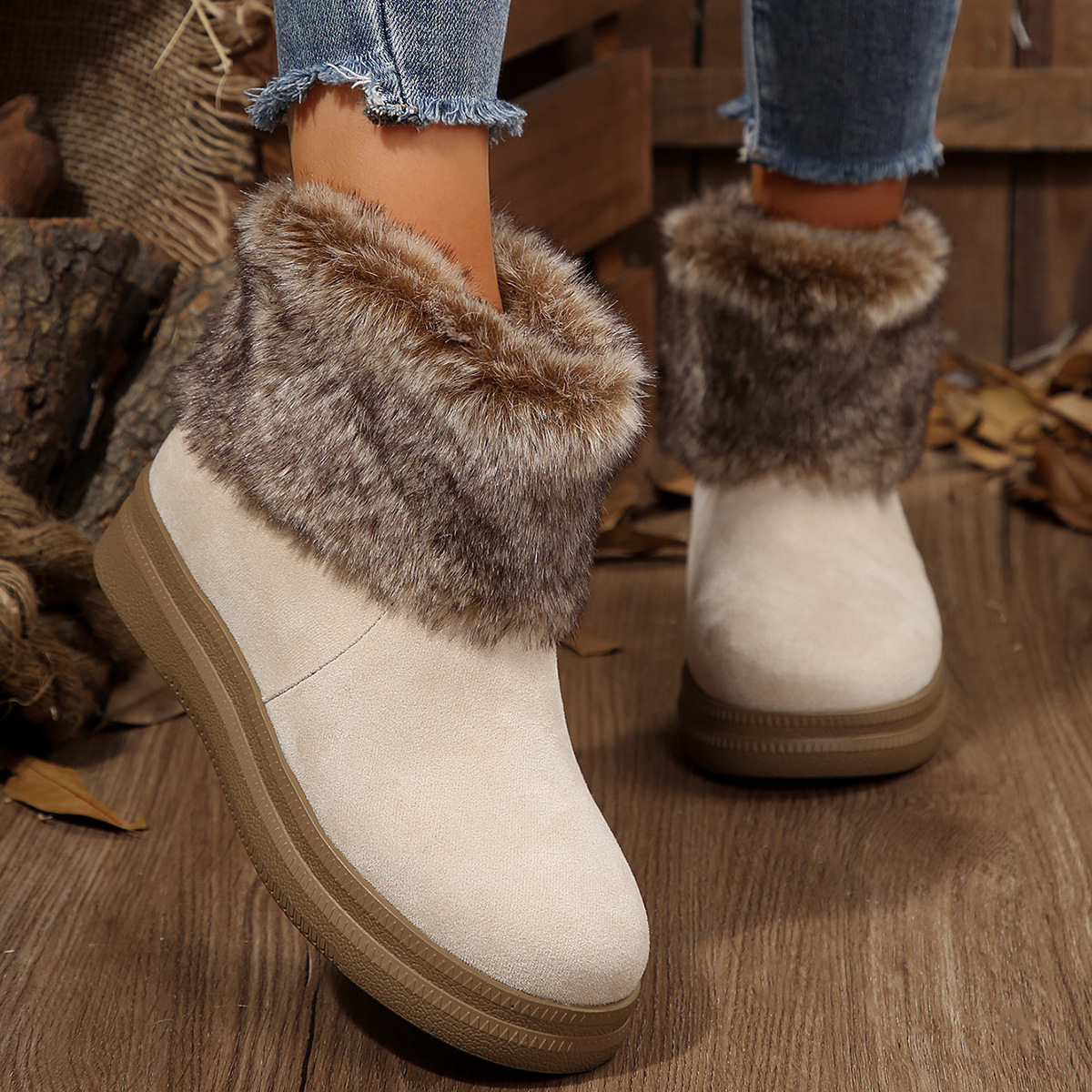Women's Platform Winter Boots Fashion Plush Suede Mid Calf Snow Ankle Booties