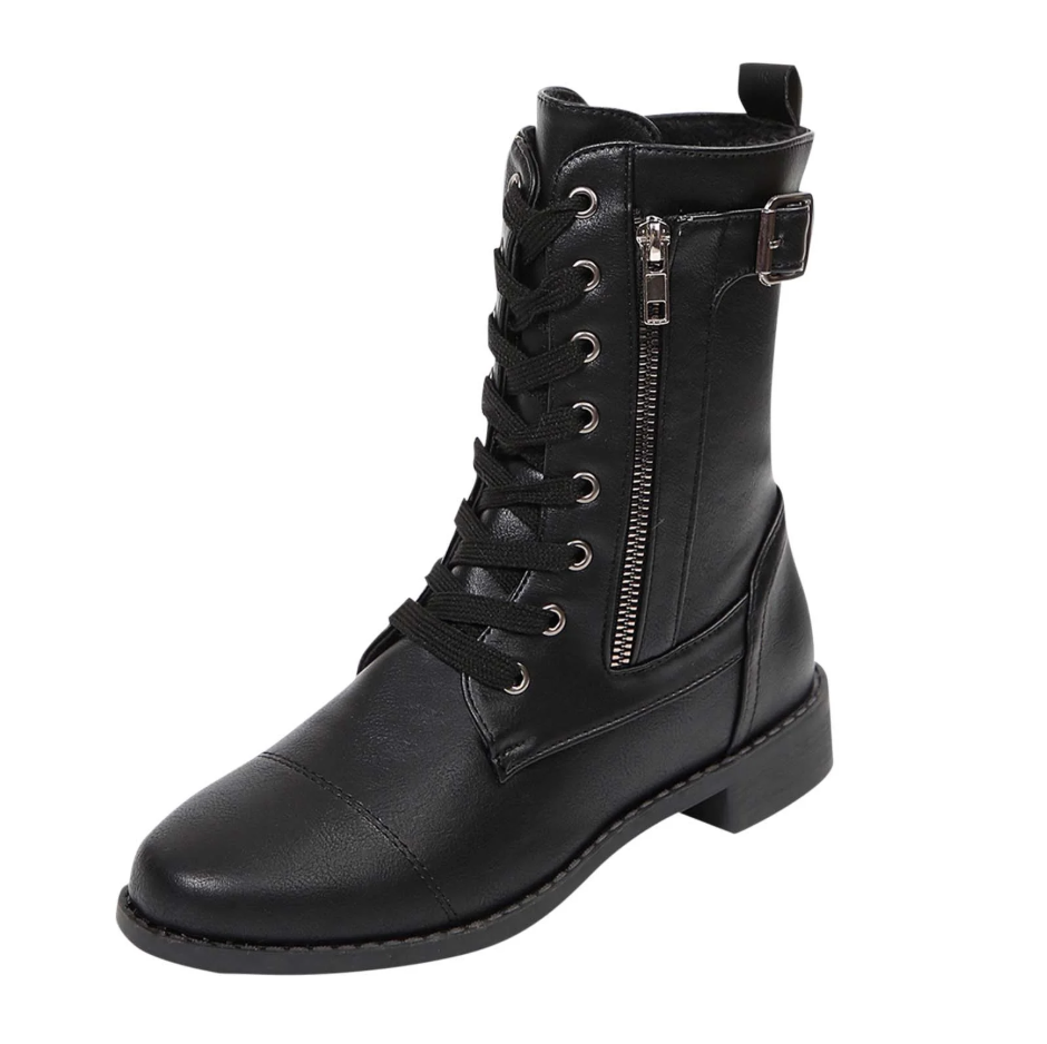 Fleece-Lined Lace-Up Combat Boots: Stylish Zip & Buckle Details for Cozy Everyday Edge