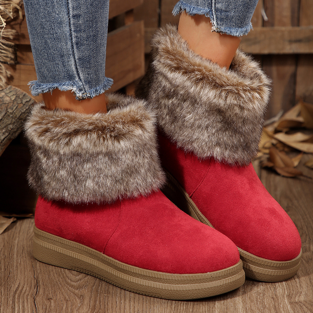 Women's Platform Winter Boots Fashion Plush Suede Mid Calf Snow Ankle Booties