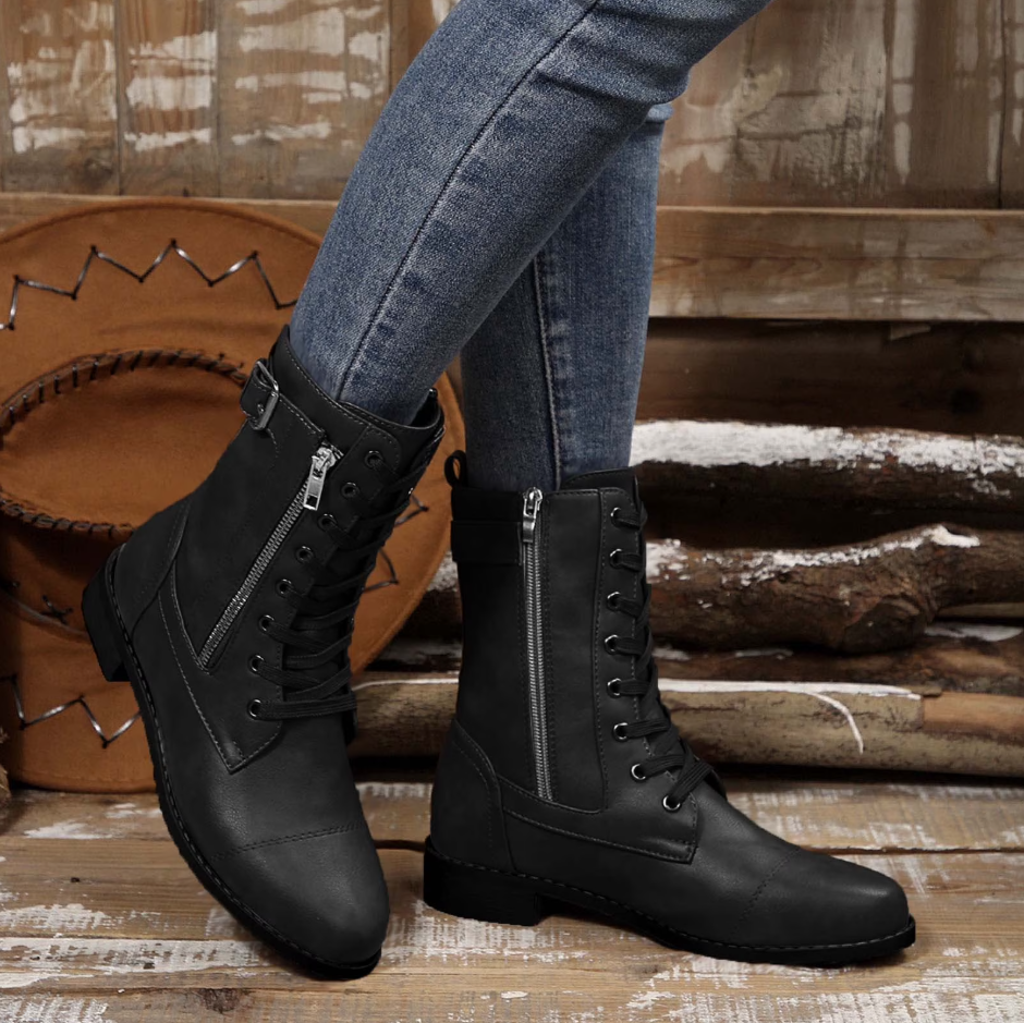 Fleece-Lined Lace-Up Combat Boots: Stylish Zip & Buckle Details for Cozy Everyday Edge