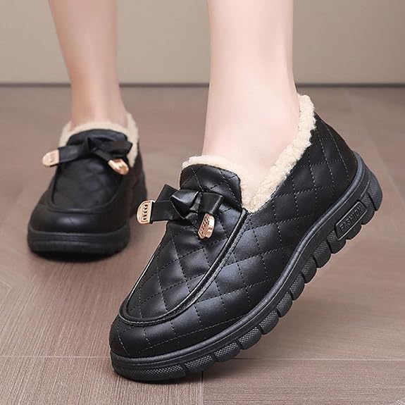 Snow Boots Round Toe Buckle Bowknot Thick Soled Warm Plus Velet Slip On Ankle Booties Comfortable Faux Leather Non-slip Casual Boots