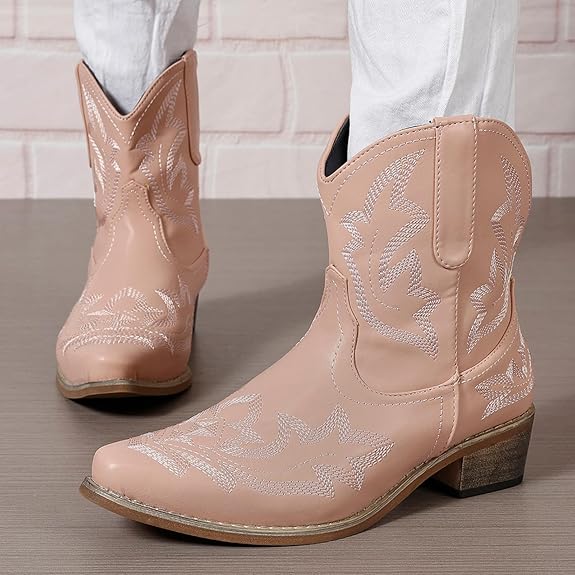(⏳NOW ON: 49% OFF Sale! 🔥)Women’s Western Cowgirl Ankle Boots – Embroidered Pointed Toe Booties