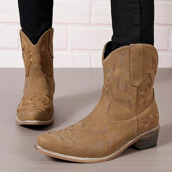 (⏳NOW ON: 49% OFF Sale! 🔥)Women’s Western Cowgirl Ankle Boots – Embroidered Pointed Toe Booties