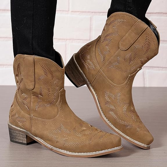 (⏳NOW ON: 49% OFF Sale! 🔥)Women’s Western Cowgirl Ankle Boots – Embroidered Pointed Toe Booties