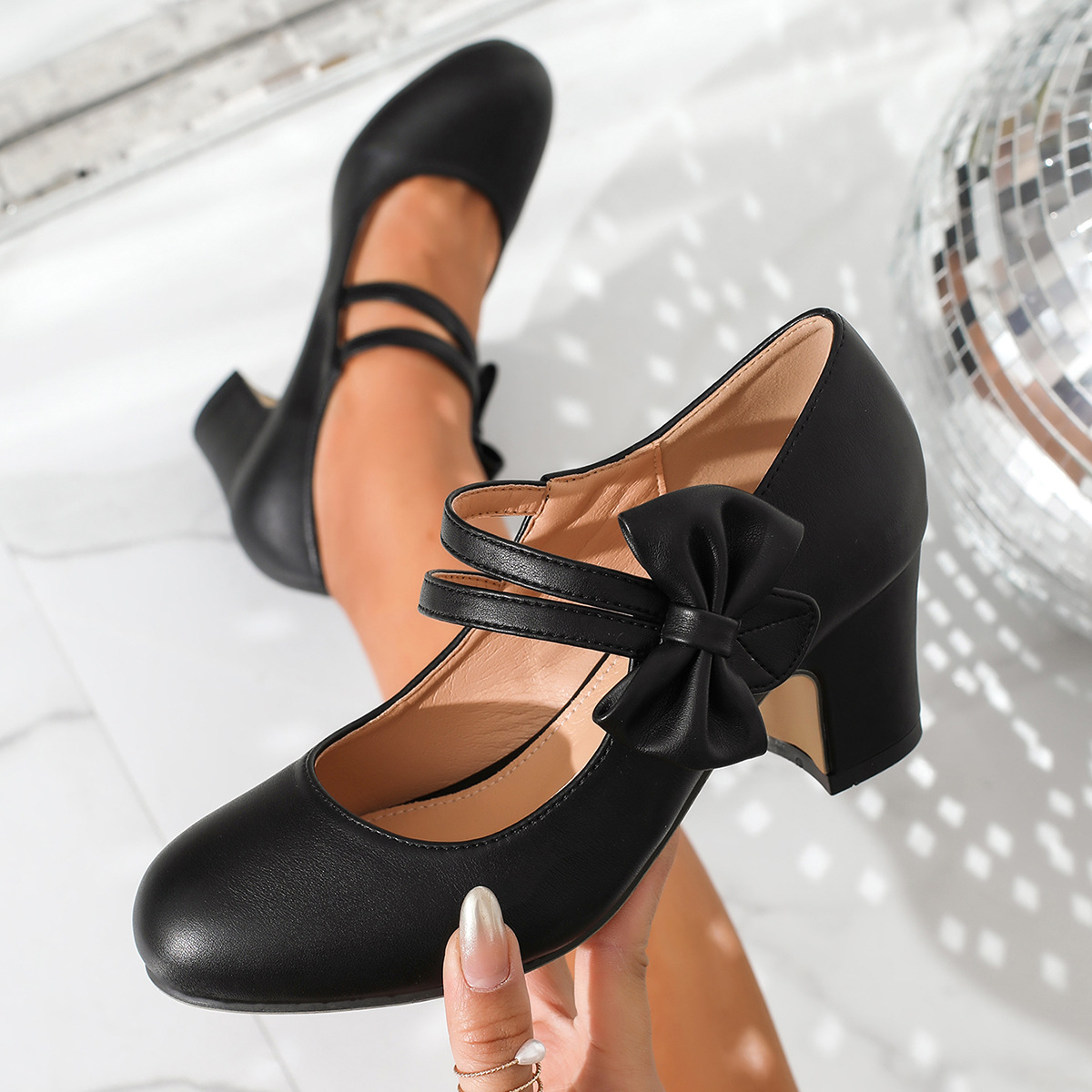 Butterfly Bow Mary Jane Chunky Heel Pumps