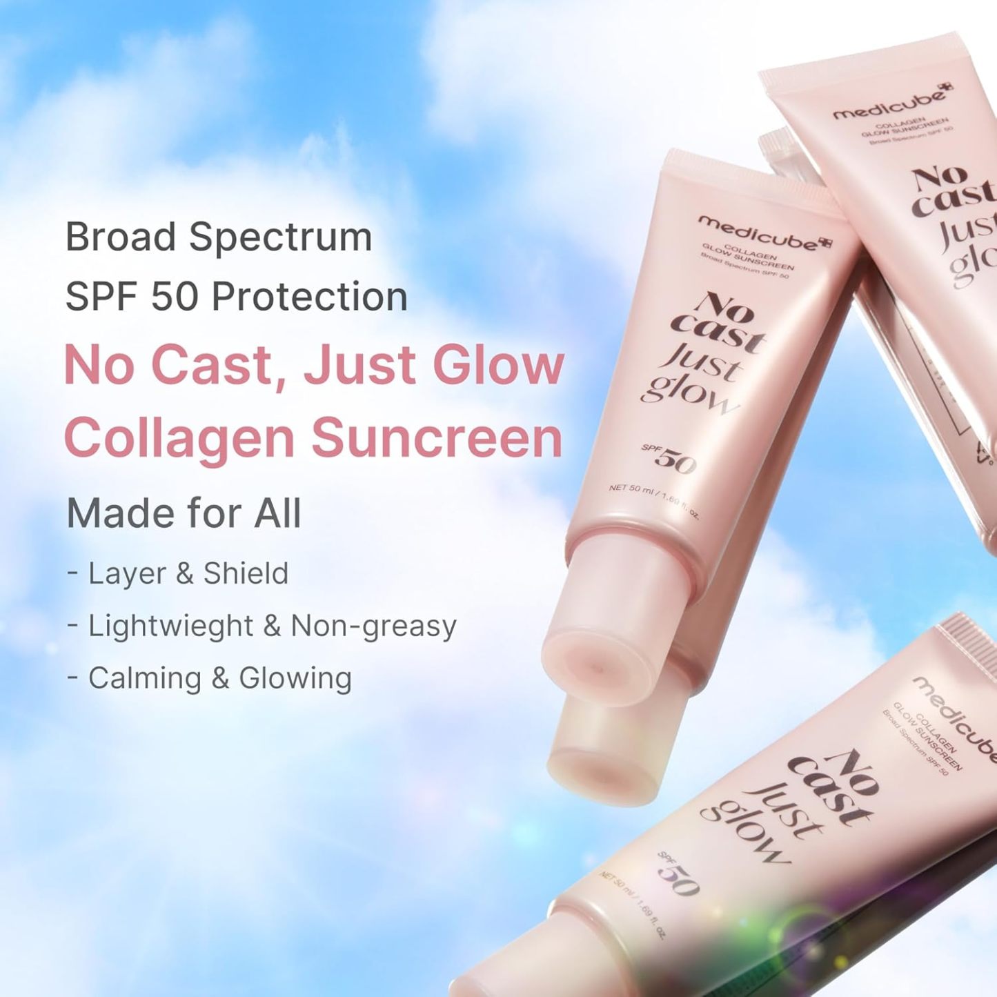 No Cast Just Glow Collagen Sunscreen | SPF 50 Broad Spectrum Face Sunscreen | Lightweight, Non-Sticky, Hydrating Formula 