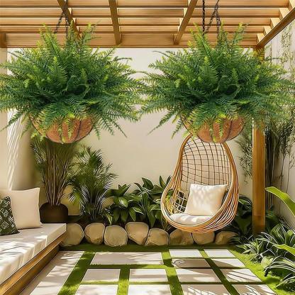 2 Sets Artificial Hanging Fern Plants with Baskets – UV Resistant Outdoor Faux Ferns 