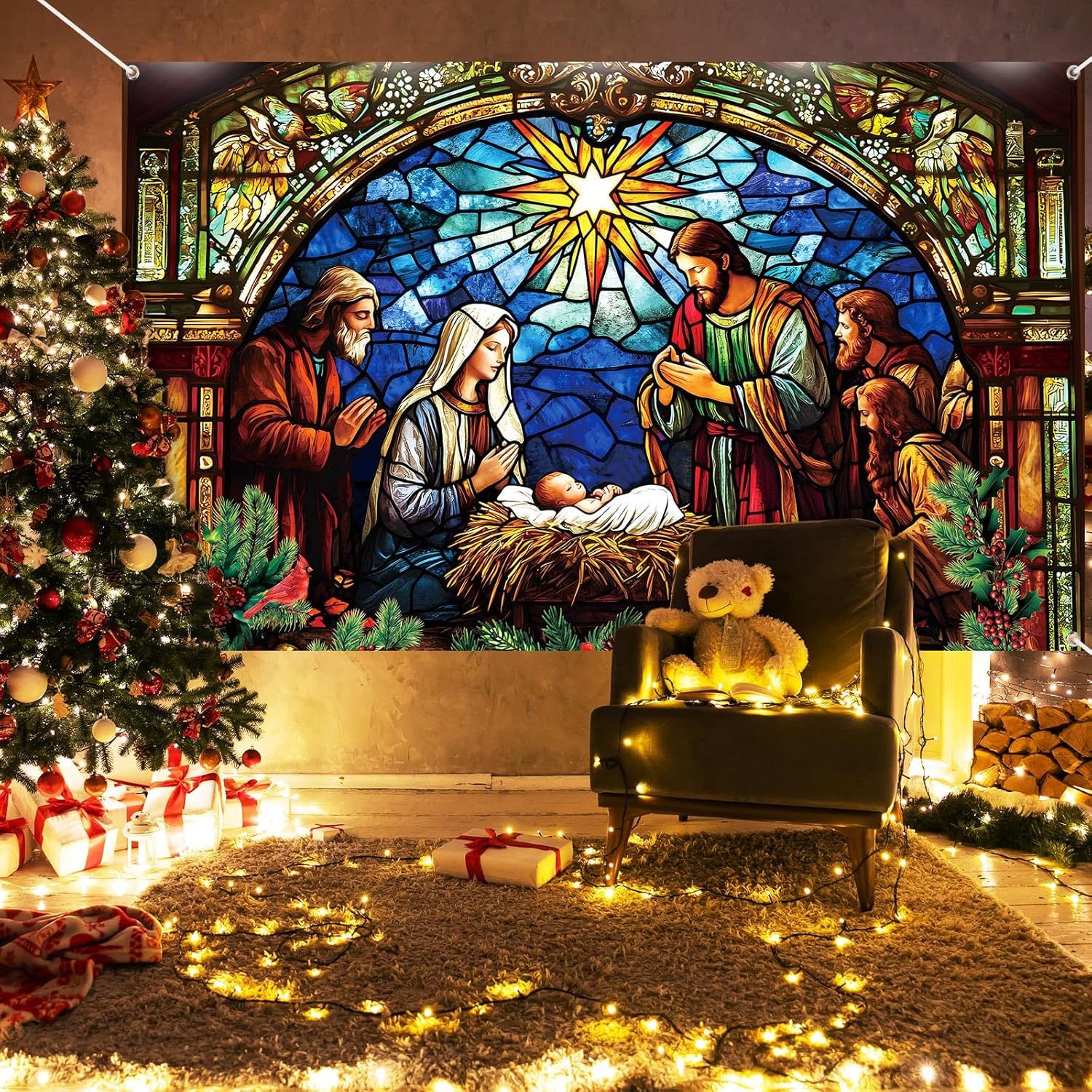 Starry Night Nativity Scene Christmas Banner