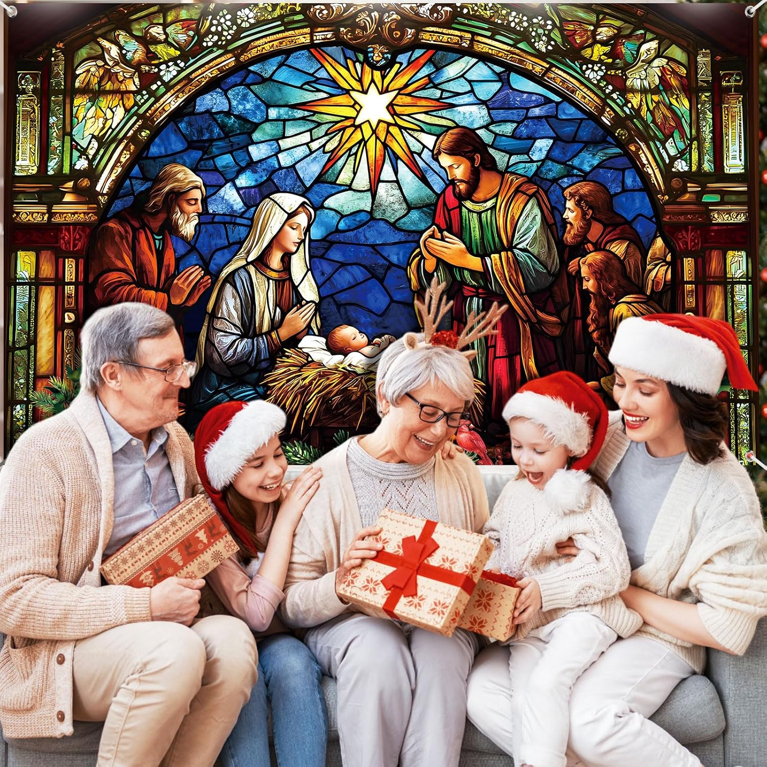 Starry Night Nativity Scene Christmas Banner