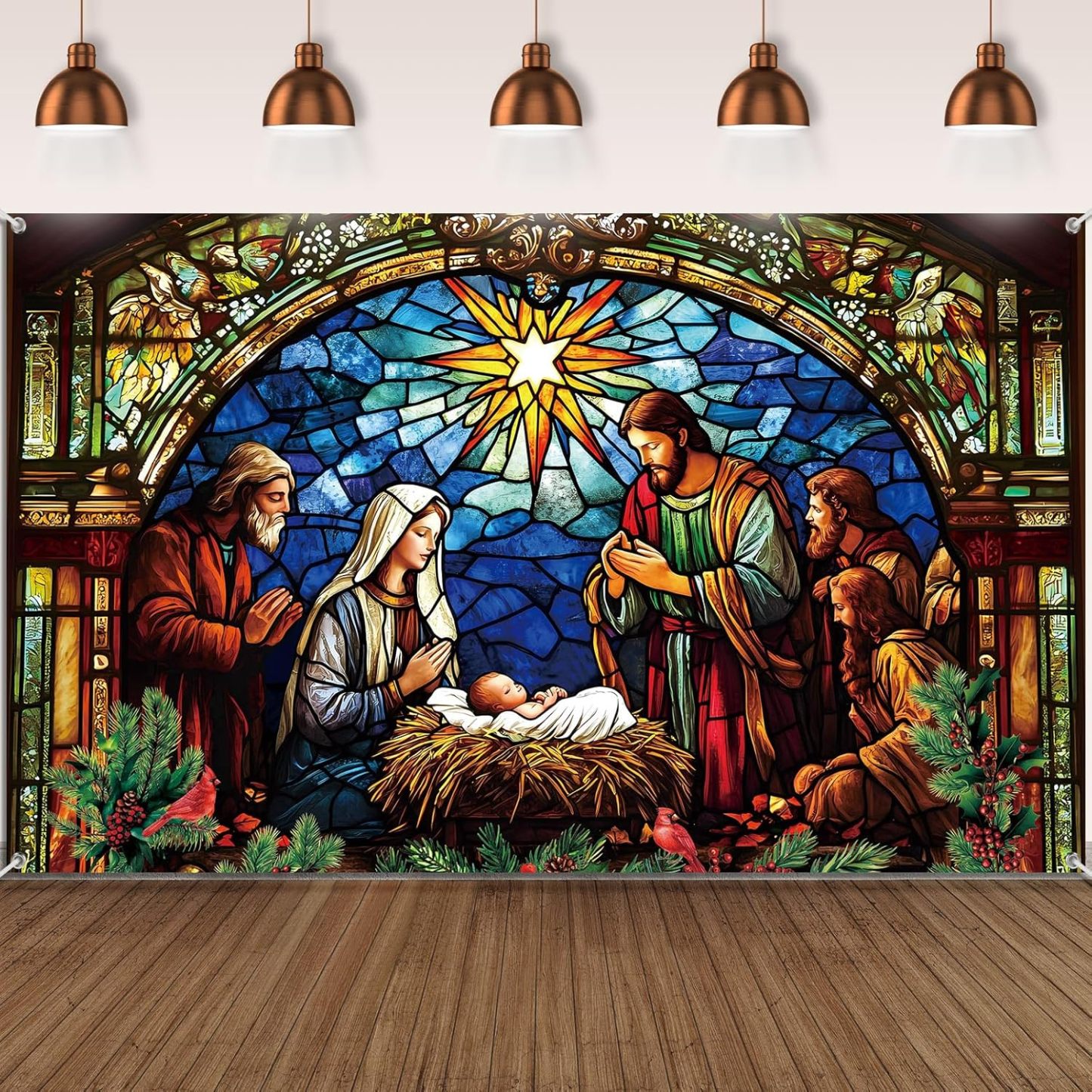 Starry Night Nativity Scene Christmas Banner