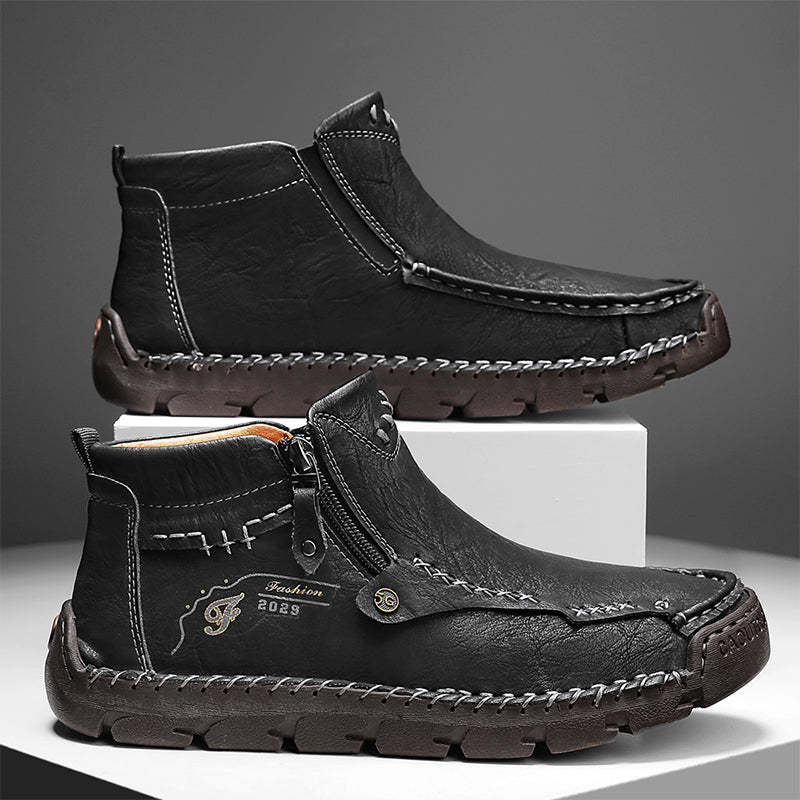 Men's Top-Quality Motorcycle Boots Hand-Stitched Genuine Leather Boots-Wide Toe, Waterproof, Anti-Slip, Anti-Sprain, Suitable for Work, Driving, Hiking-SCSLUXE