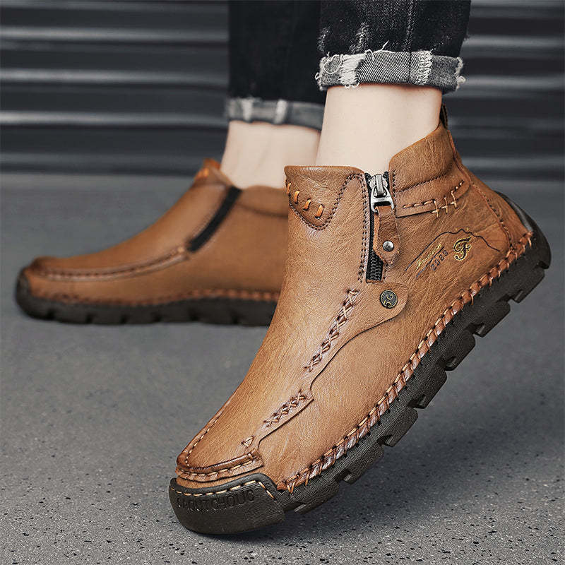 Men's Top-Quality Motorcycle Boots Hand-Stitched Genuine Leather Boots-Wide Toe, Waterproof, Anti-Slip, Anti-Sprain, Suitable for Work, Driving, Hiking-SCSLUXE