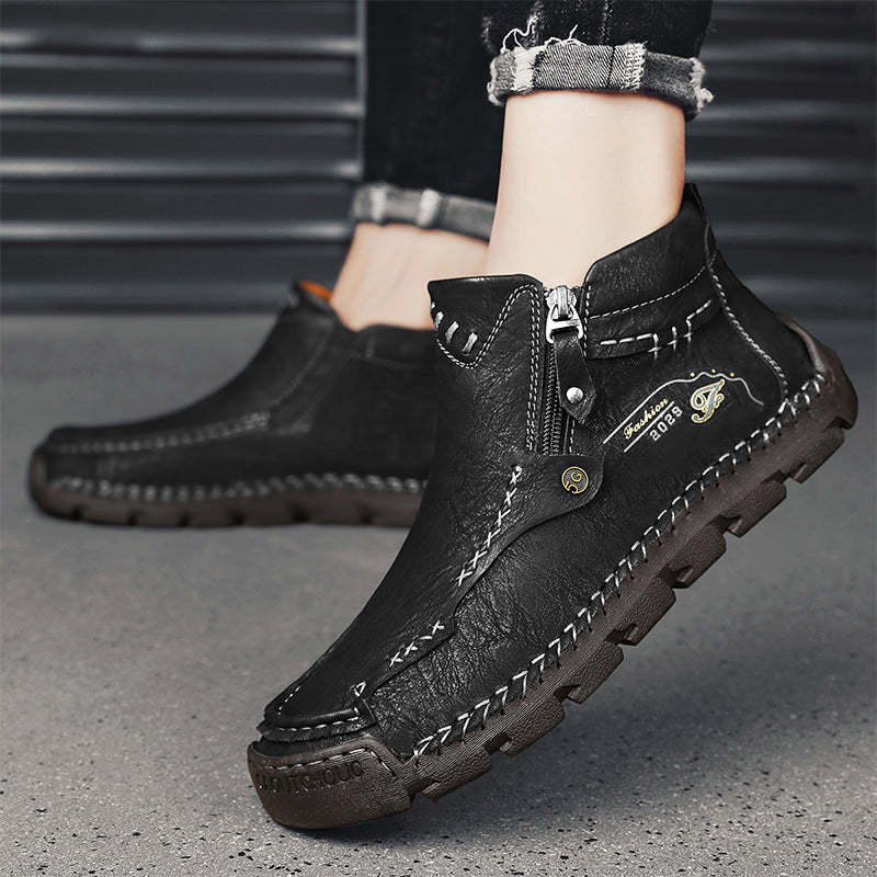 Men's Top-Quality Motorcycle Boots Hand-Stitched Genuine Leather Boots-Wide Toe, Waterproof, Anti-Slip, Anti-Sprain, Suitable for Work, Driving, Hiking-SCSLUXE