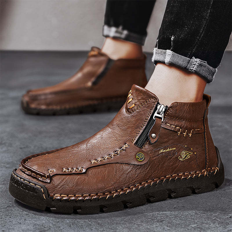 Men's Top-Quality Motorcycle Boots Hand-Stitched Genuine Leather Boots-Wide Toe, Waterproof, Anti-Slip, Anti-Sprain, Suitable for Work, Driving, Hiking-SCSLUXE
