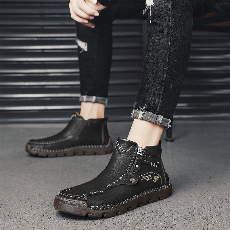 Men's Top-Quality Motorcycle Boots Hand-Stitched Genuine Leather Boots-Wide Toe, Waterproof, Anti-Slip, Anti-Sprain, Suitable for Work, Driving, Hiking-SCSLUXE