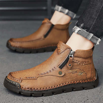 Men's Top-Quality Motorcycle Boots Hand-Stitched Genuine Leather Boots-Wide Toe, Waterproof, Anti-Slip, Anti-Sprain, Suitable for Work, Driving, Hiking-SCSLUXE