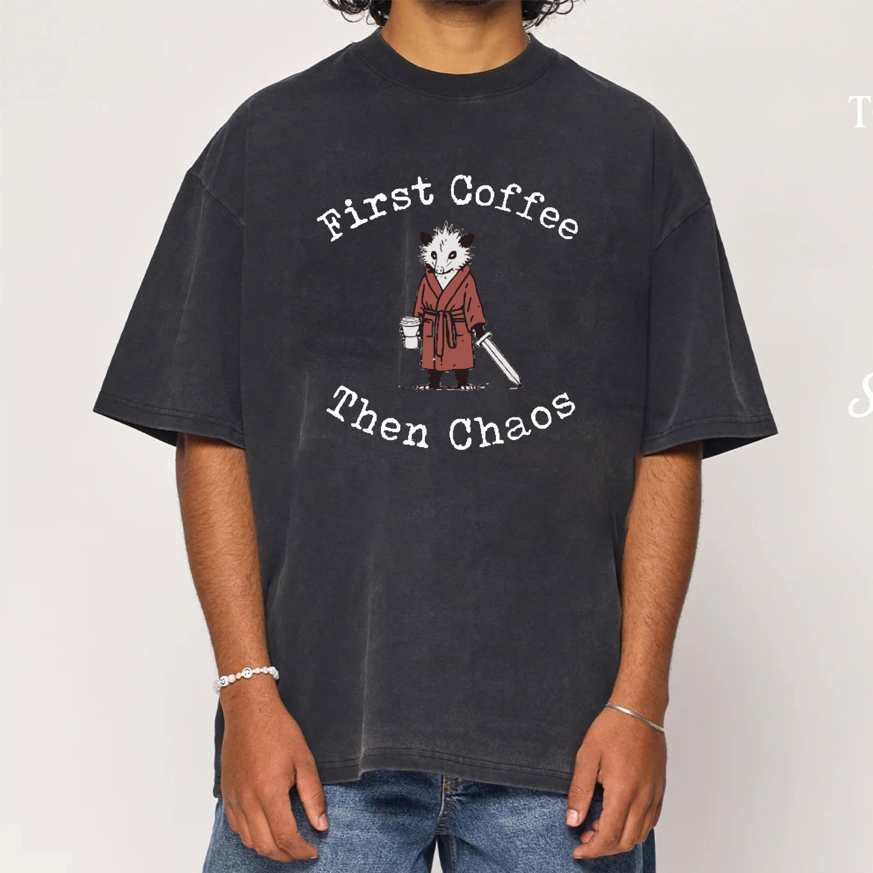 Opossum First Coffee Then Chaos Washed T-Shirt